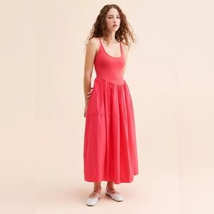 Free People Dylan Midi Dress Hot Pink Cotton Stretch Low Back Sundress S M